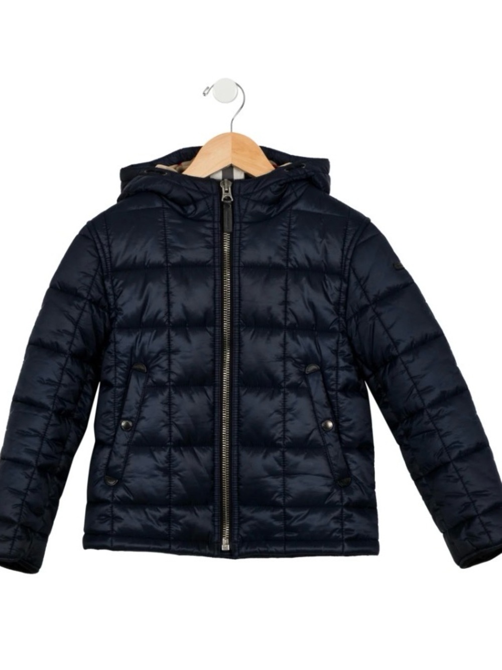 Burberry , Dark Navy , Check Quilted Hooded Zip-Up Coat, Kids- Boy- Sz8.